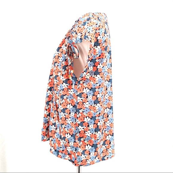 Michael Kors Blue Red Floral Print Cap Sleeve Top - Picture 3 of 7